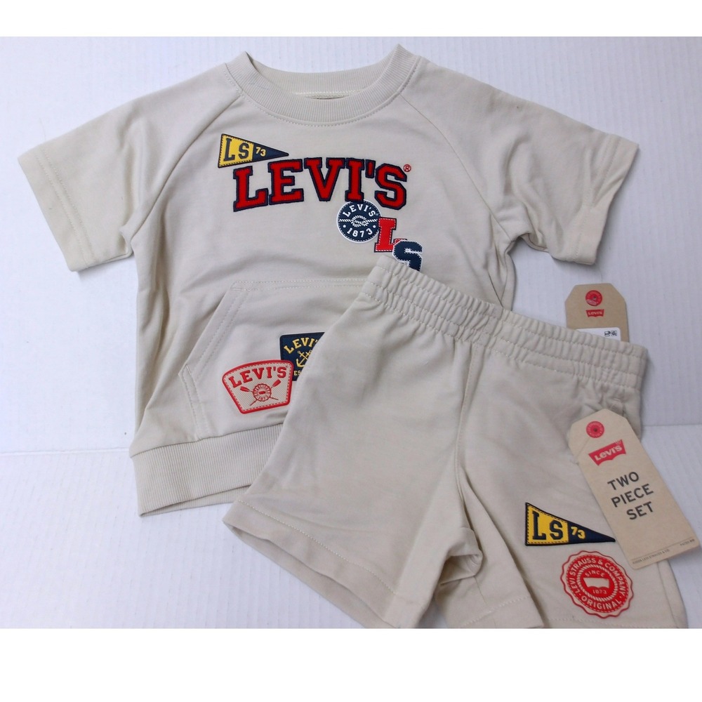 Kids Levi's Short Sleeve Sweatshirt‎ Tan Patches Graphic Logo Size 2T /#2695
